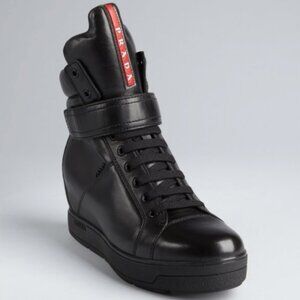 Prada Leather Black and Red High-Top Wedge Sneakers